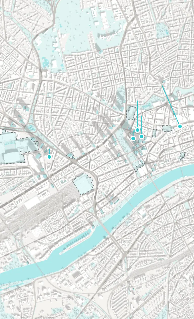 Karte der Frankfurter Innenstadt von oben mit den sechs Standorten von k1 BusinessClub, vom Tower 185 an der Messe bis ins Ostend