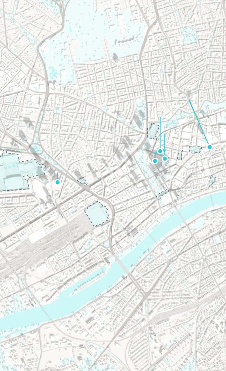 Karte der Frankfurter Innenstadt von oben mit den sechs Standorten von k1 BusinessClub, vom Tower 185 an der Messe bis ins Ostend